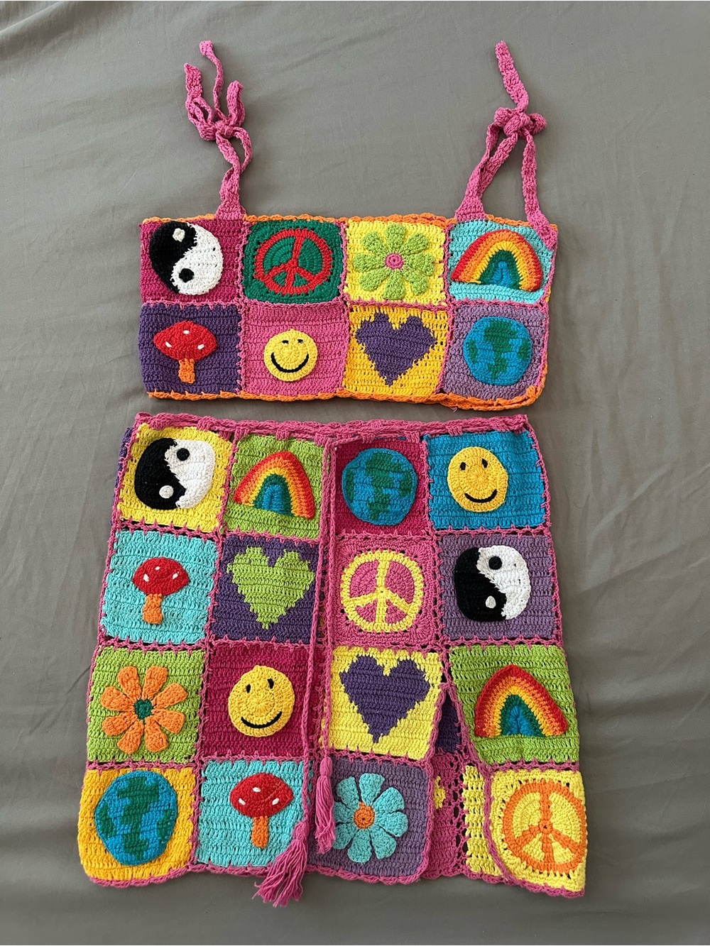 Crochet Patchwork Multicolor Two-Piece Set